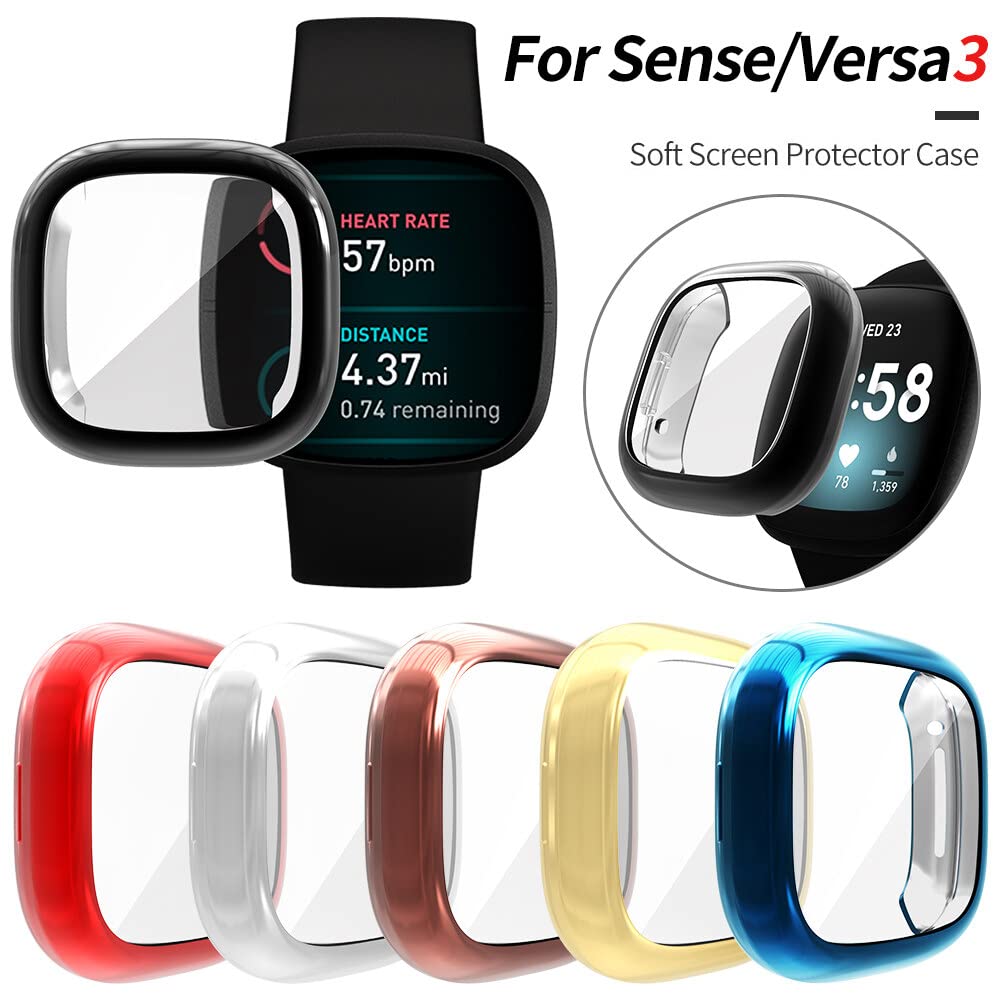 NOTYEX Soft Screen Protector Case Compatible with Fitbit Sense/Versa 3, TPU Protective Screen Cover Saver Bumper Accessories for Fitbit Versa 3 / Sense Smartwatch for Men Women (Rose Gold, Thin)