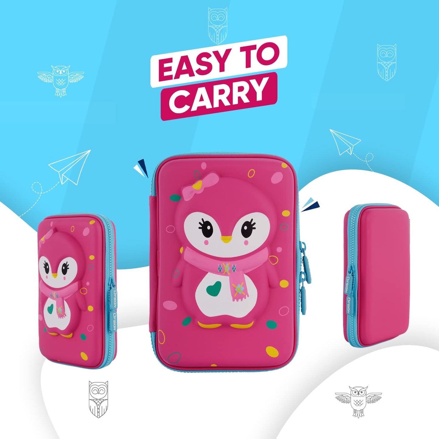 Ofsign 3D Stationery Items Organizer — Pencil Box for Girls & Boys, Geometry Pencil Case with Dual Zipper, Pencil Pouch with Mesh Pockets for Kid's Gift - School (Owl Art, Pink)
