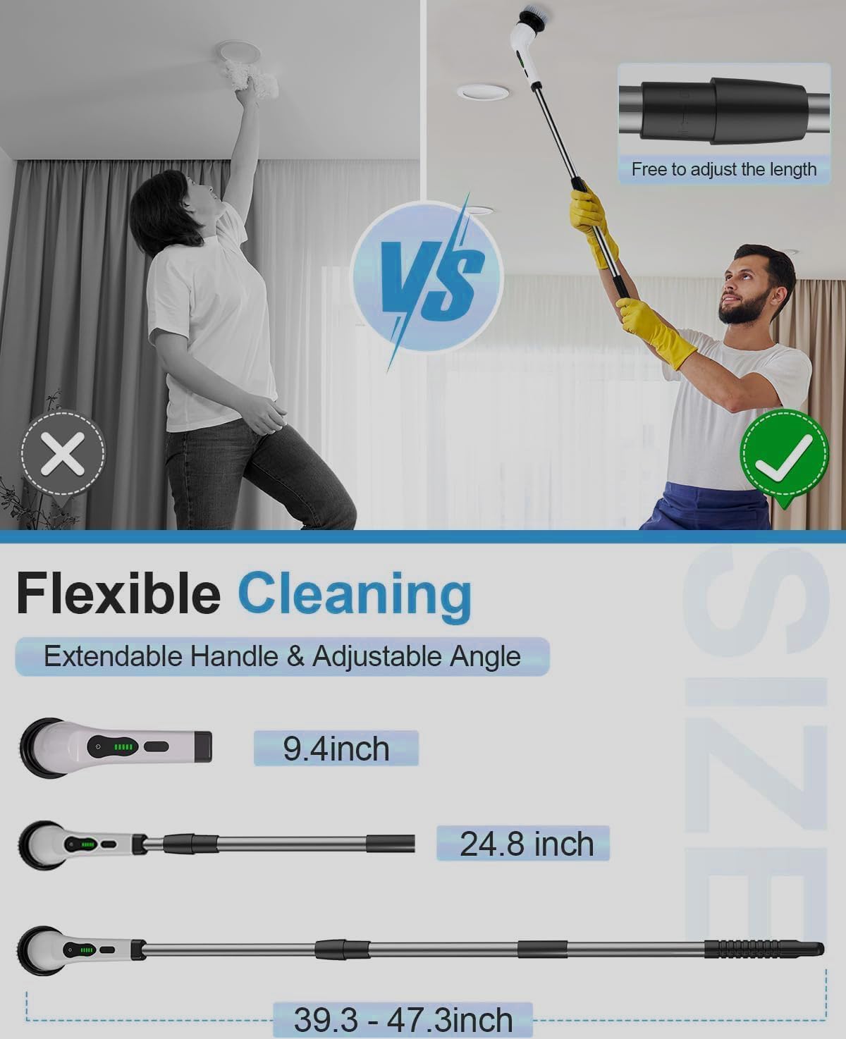 WEYLYN 9 in 1 Electric Spin Scrubber,Cleaning Brush Scrubber for Home, 300RPM/Mins 8 Brush Heads - 90Mins Work Time, 3 Adjustable Size, 2 Adjustable Speeds for Bathroom Shower Bathtub Car (9in1)