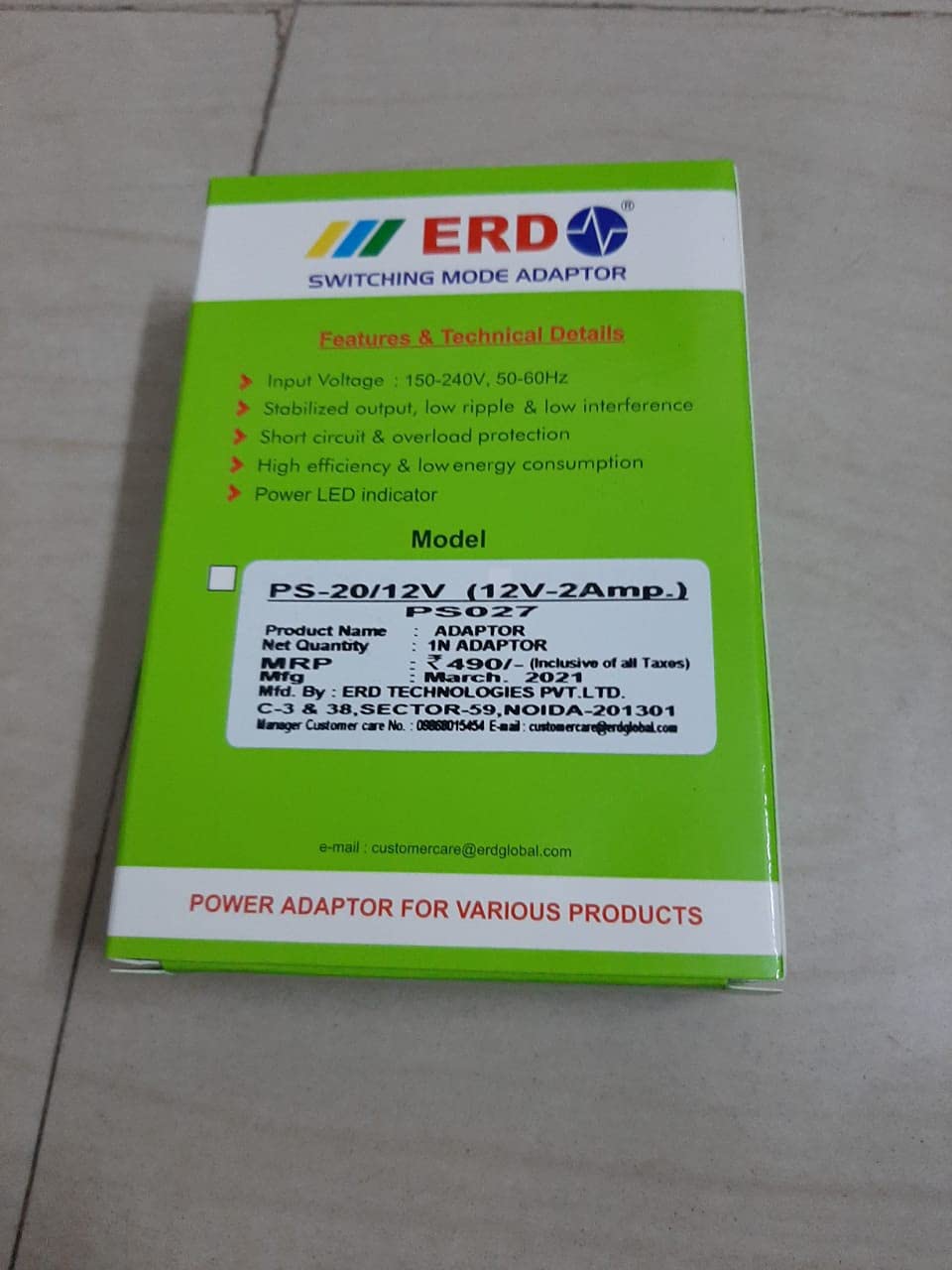 ERD Power Adaptor 12V-2AMP,PS-20/12v (12V-2A) PS027(ERP Code), BIS Certified Adaptor, Durable Adaptor, Adaptor for All DTH Set Top Box