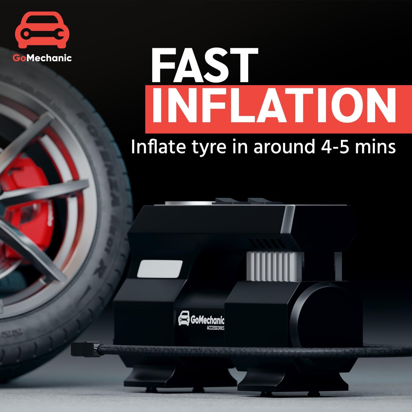 GoMechanic Digital Tyre Inflator for Car - 150 psi, 12V DC Portable Air Pump/Compressor with Digital Tyre Pressure Gauge, Suitable for Bikes, Bicycles or Any Inflatable with LED Light (Gusto T4)