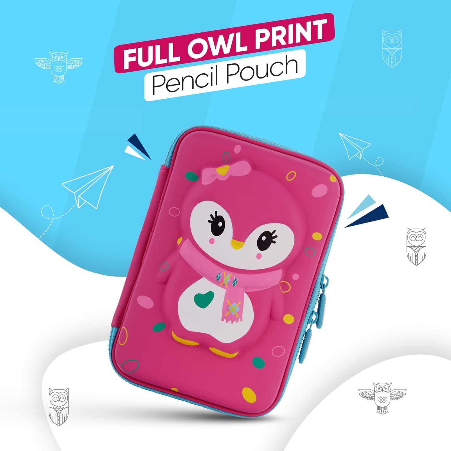 Ofsign 3D Stationery Items Organizer — Pencil Box for Girls & Boys, Geometry Pencil Case with Dual Zipper, Pencil Pouch with Mesh Pockets for Kid's Gift - School (Owl Art, Pink)