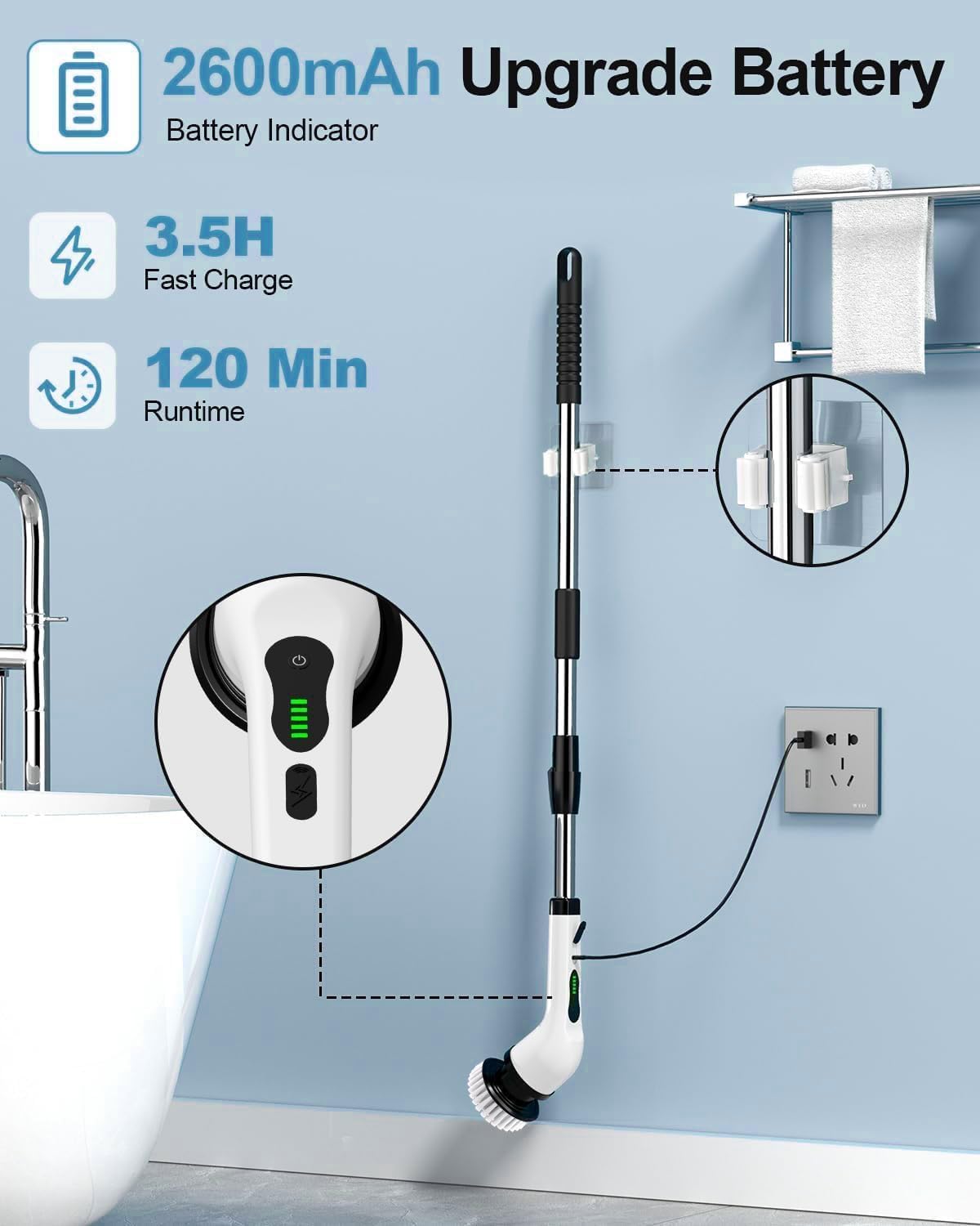 WEYLYN 9 in 1 Electric Spin Scrubber,Cleaning Brush Scrubber for Home, 300RPM/Mins 8 Brush Heads - 90Mins Work Time, 3 Adjustable Size, 2 Adjustable Speeds for Bathroom Shower Bathtub Car (9in1)