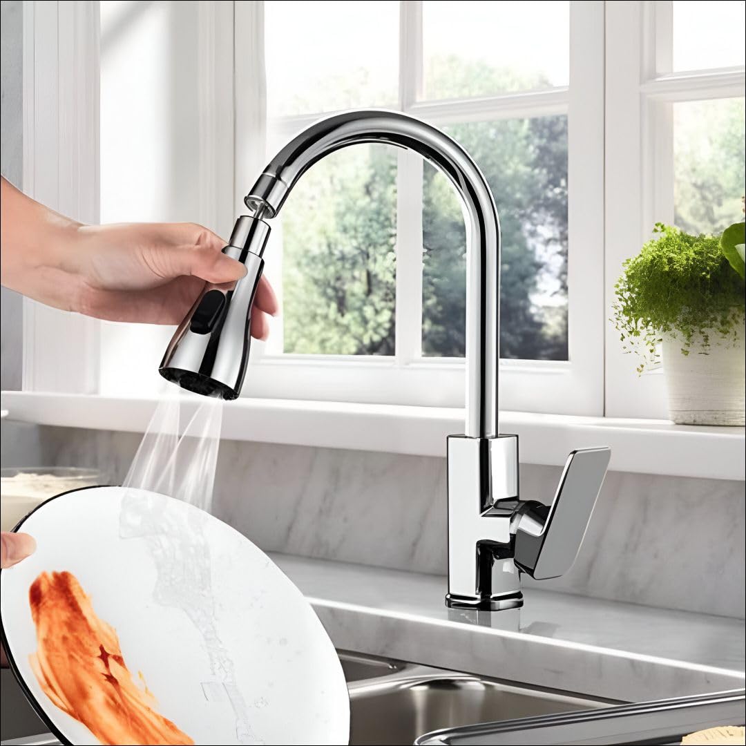 Misamo Enterprise Kitchen Faucet Extender, Chrome Plated, 3-Mode Spray Head, Flexible Extension