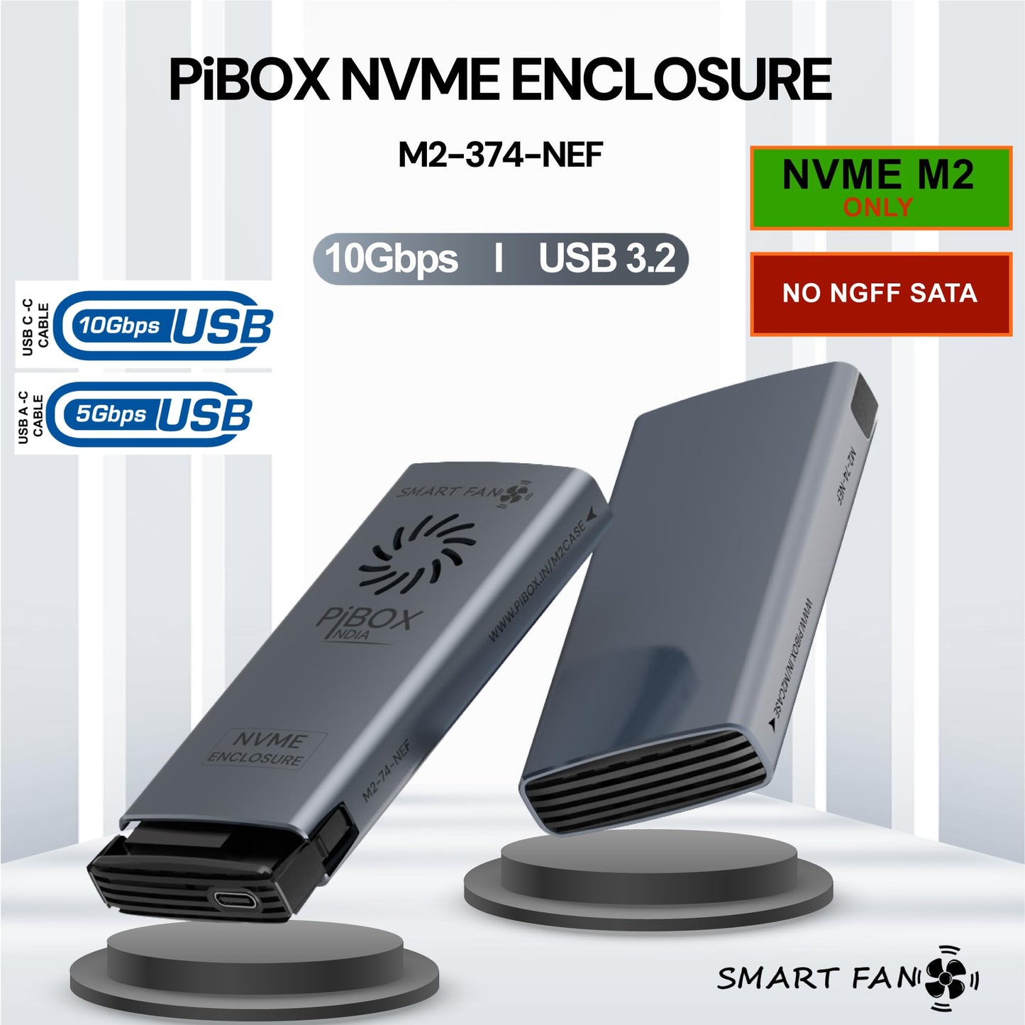 NVME M2 Enclosure Fan, PiBOX India NVMe SSD Enclosure - USB 3.2 10Gbps, Tool-Free M.2 NVMe Case, PCI-E NVMe Reader, USB-C, Supports M & B&M Keys, 2230/2242/2260/2280 SSDs Powerful -RTL9210
