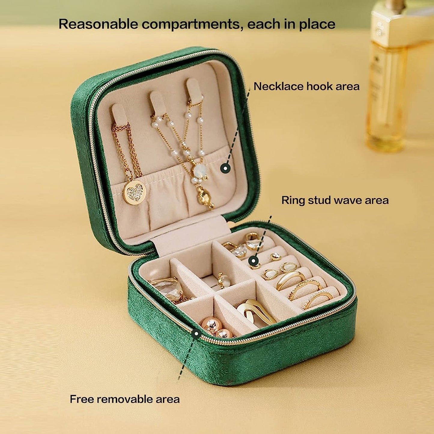 SAJANI Mini Velvet Travel Jewelry Storage Case, Jewelry Organizer Box For Girls & Women, Small Jewelry Organiser Storage For Rings, Earrings, Necklace, Bracelets (Pack Of 1) (Green)