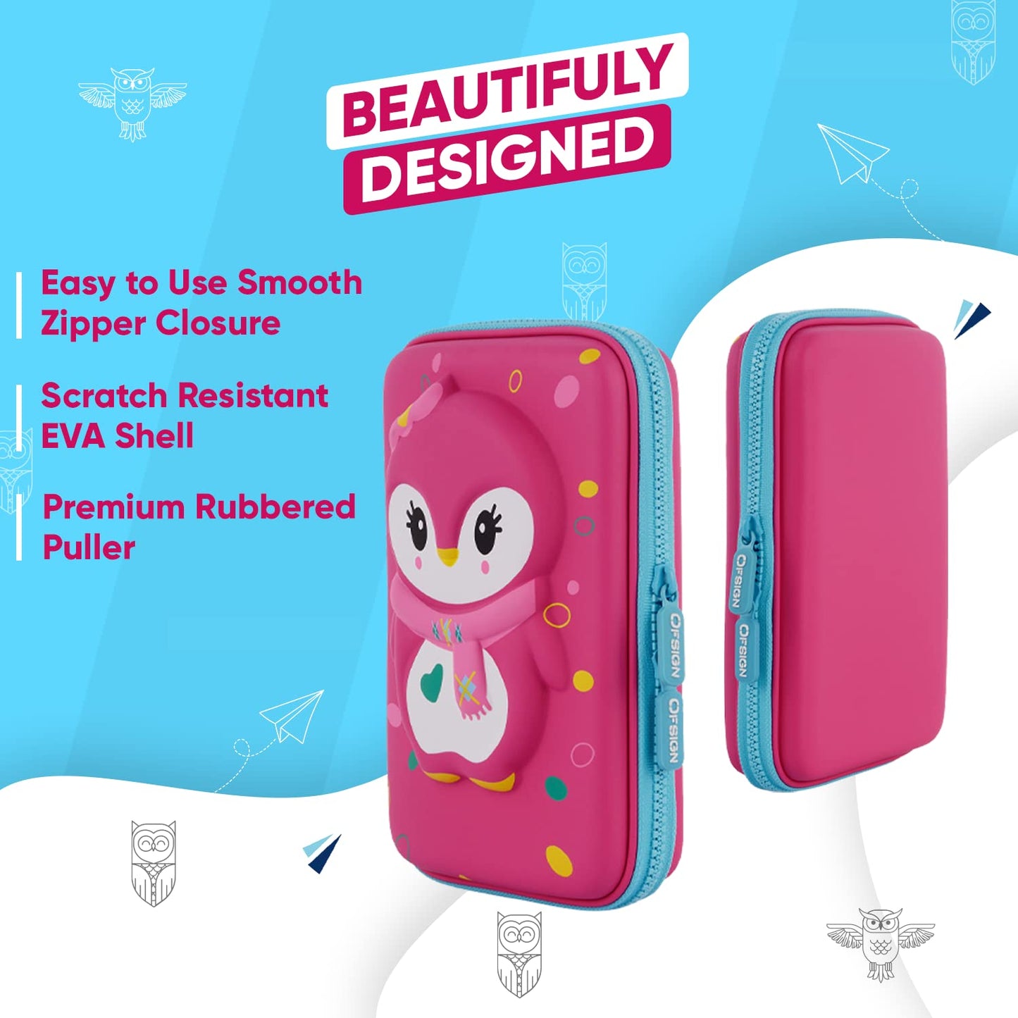 Ofsign 3D Stationery Items Organizer — Pencil Box for Girls & Boys, Geometry Pencil Case with Dual Zipper, Pencil Pouch with Mesh Pockets for Kid's Gift - School (Owl Art, Pink)