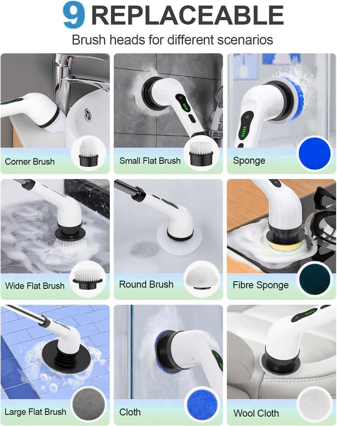 WEYLYN 9 in 1 Electric Spin Scrubber,Cleaning Brush Scrubber for Home, 300RPM/Mins 8 Brush Heads - 90Mins Work Time, 3 Adjustable Size, 2 Adjustable Speeds for Bathroom Shower Bathtub Car (9in1)