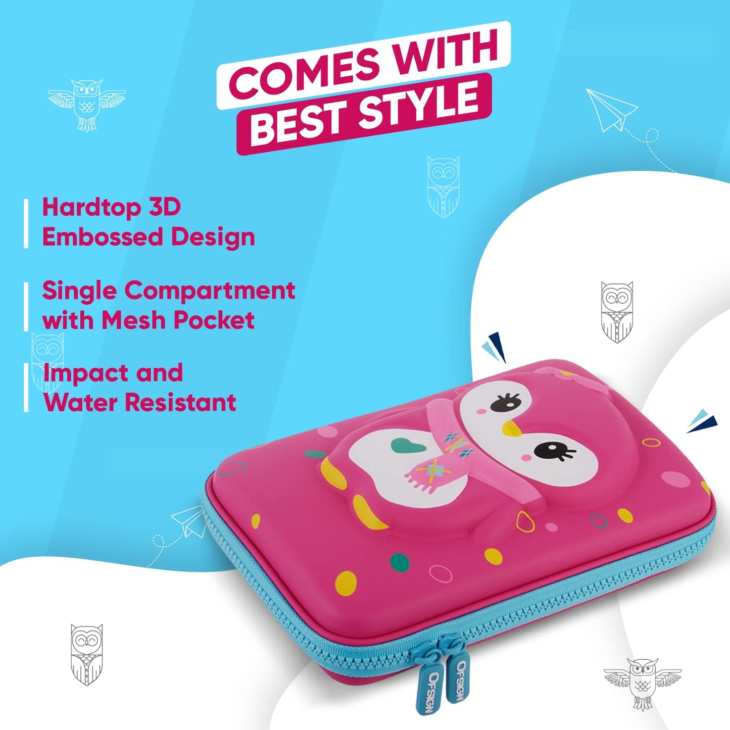 Ofsign 3D Stationery Items Organizer — Pencil Box for Girls & Boys, Geometry Pencil Case with Dual Zipper, Pencil Pouch with Mesh Pockets for Kid's Gift - School (Owl Art, Pink)