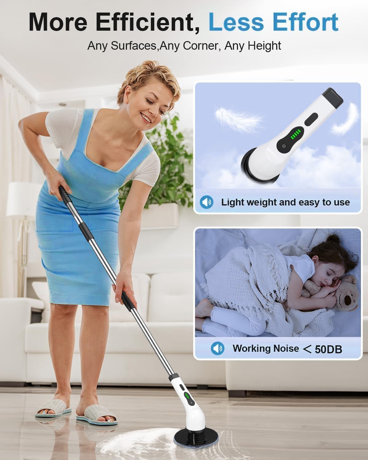 WEYLYN 9 in 1 Electric Spin Scrubber,Cleaning Brush Scrubber for Home, 300RPM/Mins 8 Brush Heads - 90Mins Work Time, 3 Adjustable Size, 2 Adjustable Speeds for Bathroom Shower Bathtub Car (9in1)