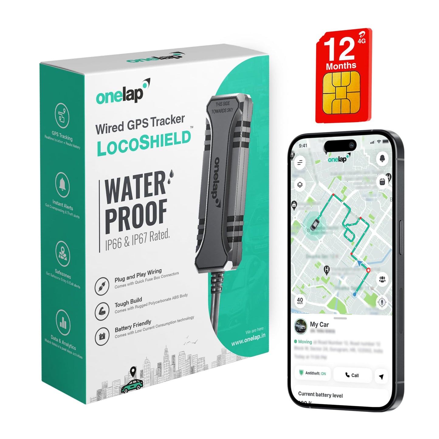Onelap LocoShield⢠2025 Waterproof Wired GPS (with 12 Months 4G SIM Recharge) - IP67 GPS Tracker for Bike, Car, Scooty | Plug & Play | Remote Engine Lock Compatible & ON/Off Alert | 1 Year Mobile App