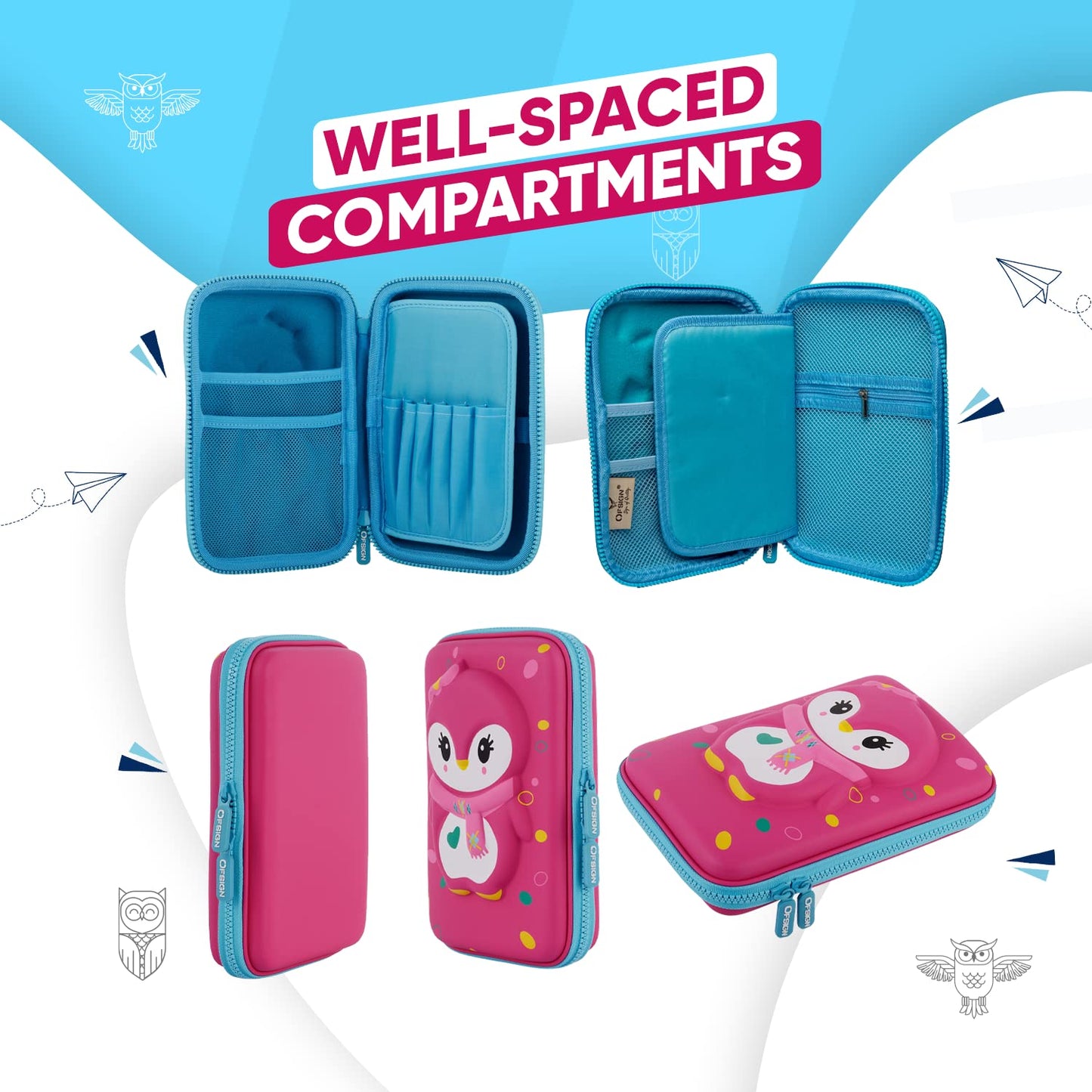 Ofsign 3D Stationery Items Organizer — Pencil Box for Girls & Boys, Geometry Pencil Case with Dual Zipper, Pencil Pouch with Mesh Pockets for Kid's Gift - School (Owl Art, Pink)