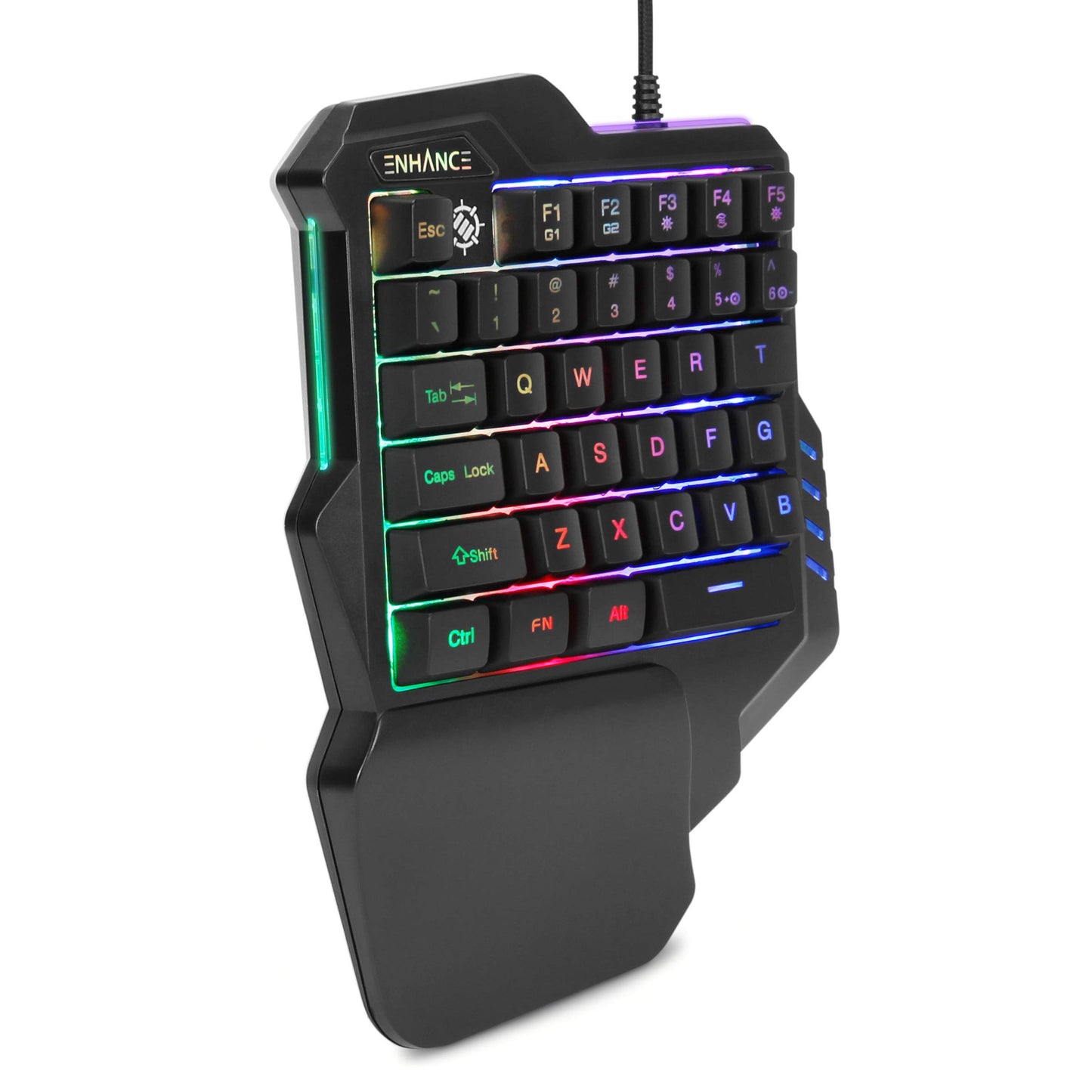 ENHANCE Gaming Keypad One Handed Gaming Keyboard Mini Keyboard - 7 Color LED Backlit, Programmable Keys, Ergonomic Wrist Pad and Braided USB Cable - Small Gaming Keyboard Great for FPS Games, Black
