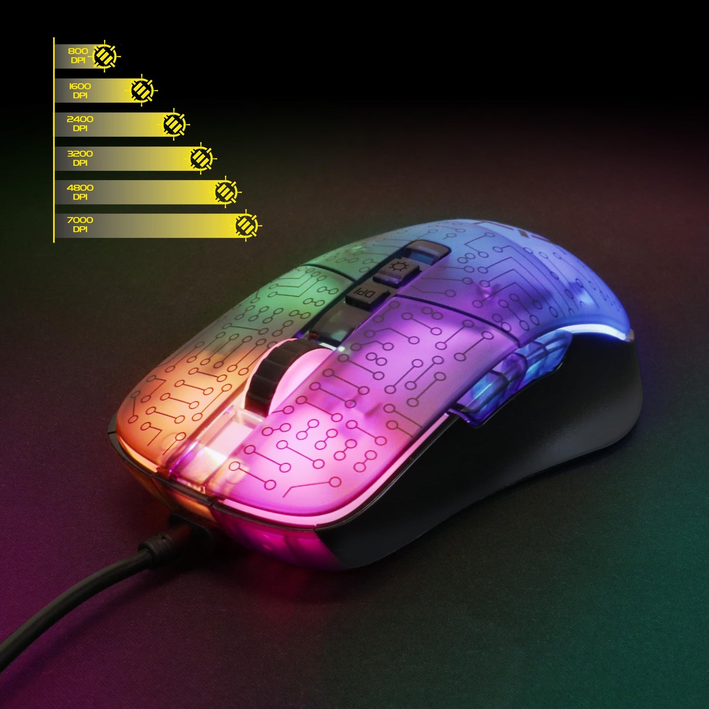 ENHANCE Voltaic 2 Gaming Mouse - Computer Mouse with 7 Programmable Buttons, Adjustable 7000 DPI, 13 Color Modes, Ergonomic Mouse with a Clear, Circuit Design - Wired Mouse for PC, Software Included