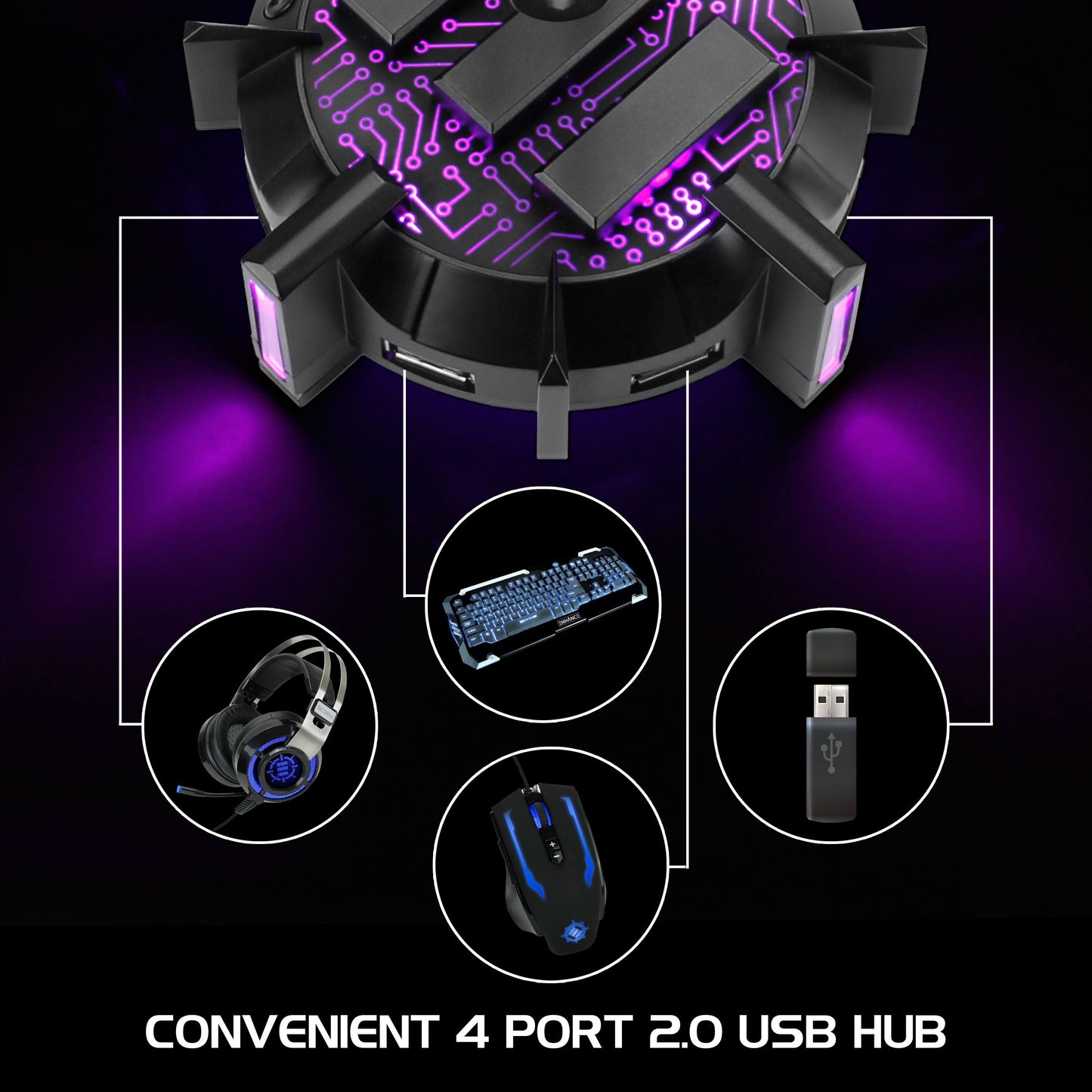 Pro Gaming Mouse Bungee Cable Holder 4 Port USB Hub with 7 LED Modes - Cable Management Support - Improved Accuracy & Weighted Design for Competitive eSports Games - Essential Gaming Gear
