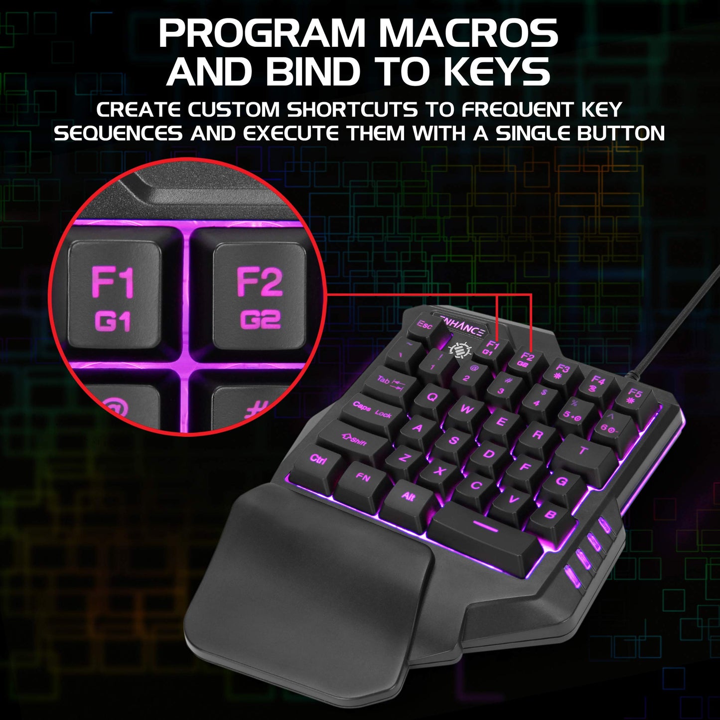 ENHANCE Gaming Keypad One Handed Gaming Keyboard Mini Keyboard - 7 Color LED Backlit, Programmable Keys, Ergonomic Wrist Pad and Braided USB Cable - Small Gaming Keyboard Great for FPS Games, Black