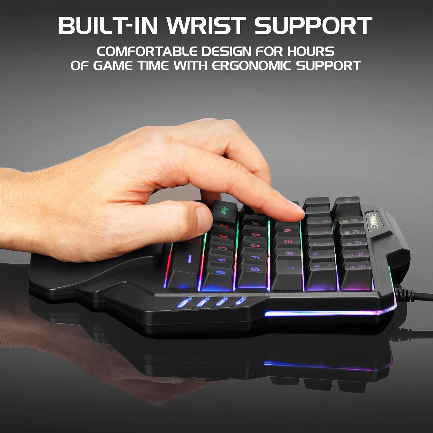 ENHANCE Gaming Keypad One Handed Gaming Keyboard Mini Keyboard - 7 Color LED Backlit, Programmable Keys, Ergonomic Wrist Pad and Braided USB Cable - Small Gaming Keyboard Great for FPS Games, Black