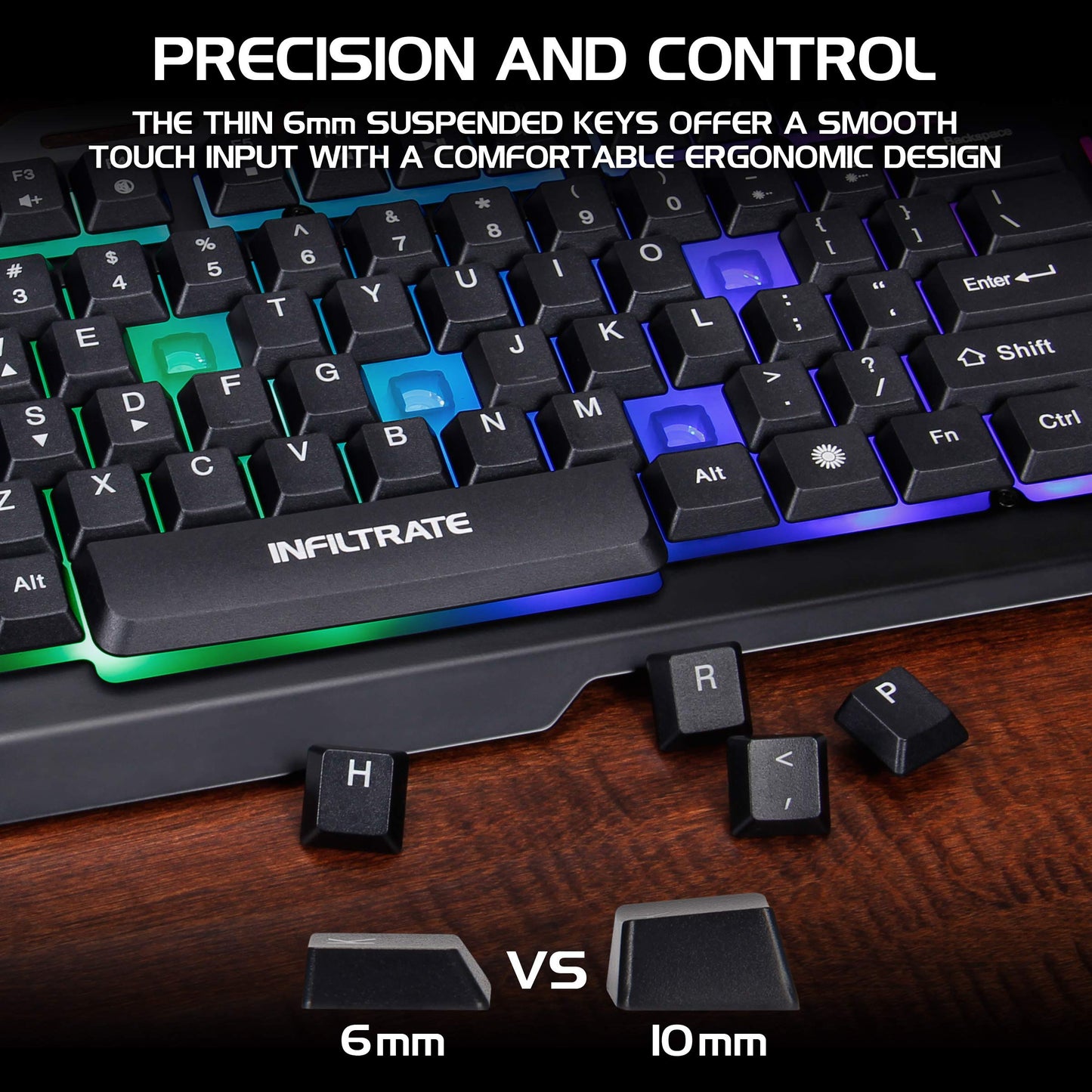 ENHANCE Infiltrate KL2 Membrane Gaming Keyboard - Quiet Keyboard with 3 Multi Color LED Lighting Modes, Turbo Input Mode, Anti-Ghosting, 19 Key Roll Over, Slim Low Profile Metal Design