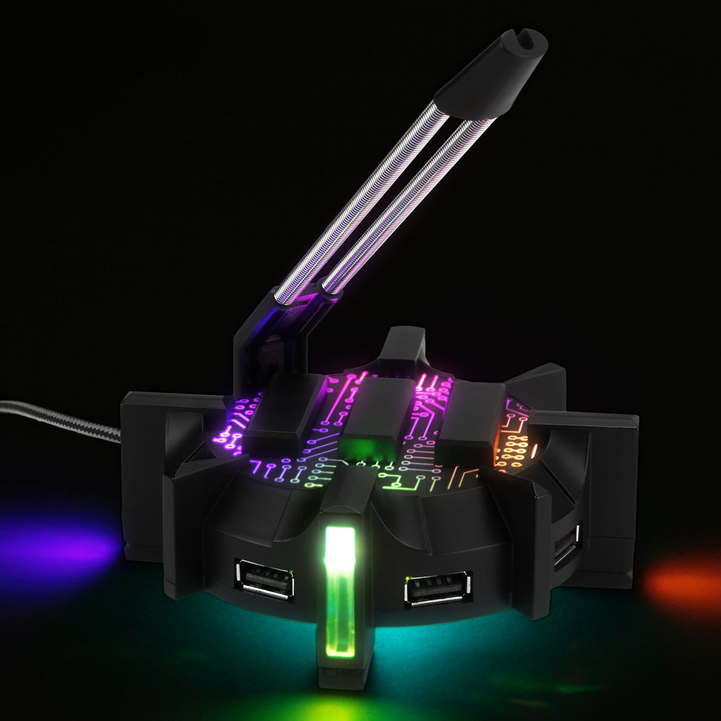 Pro Gaming Mouse Bungee Cable Holder 4 Port USB Hub with 7 LED Modes - Cable Management Support - Improved Accuracy & Weighted Design for Competitive eSports Games - Essential Gaming Gear