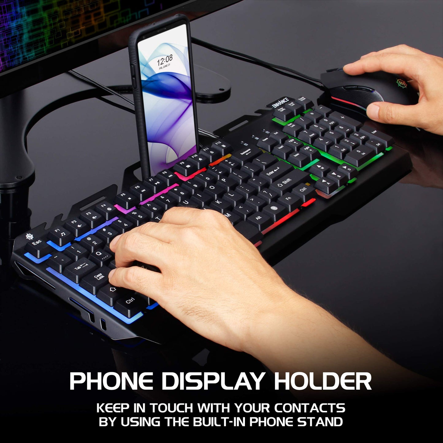 ENHANCE Infiltrate KL2 Membrane Gaming Keyboard - Quiet Keyboard with 3 Multi Color LED Lighting Modes, Turbo Input Mode, Anti-Ghosting, 19 Key Roll Over, Slim Low Profile Metal Design