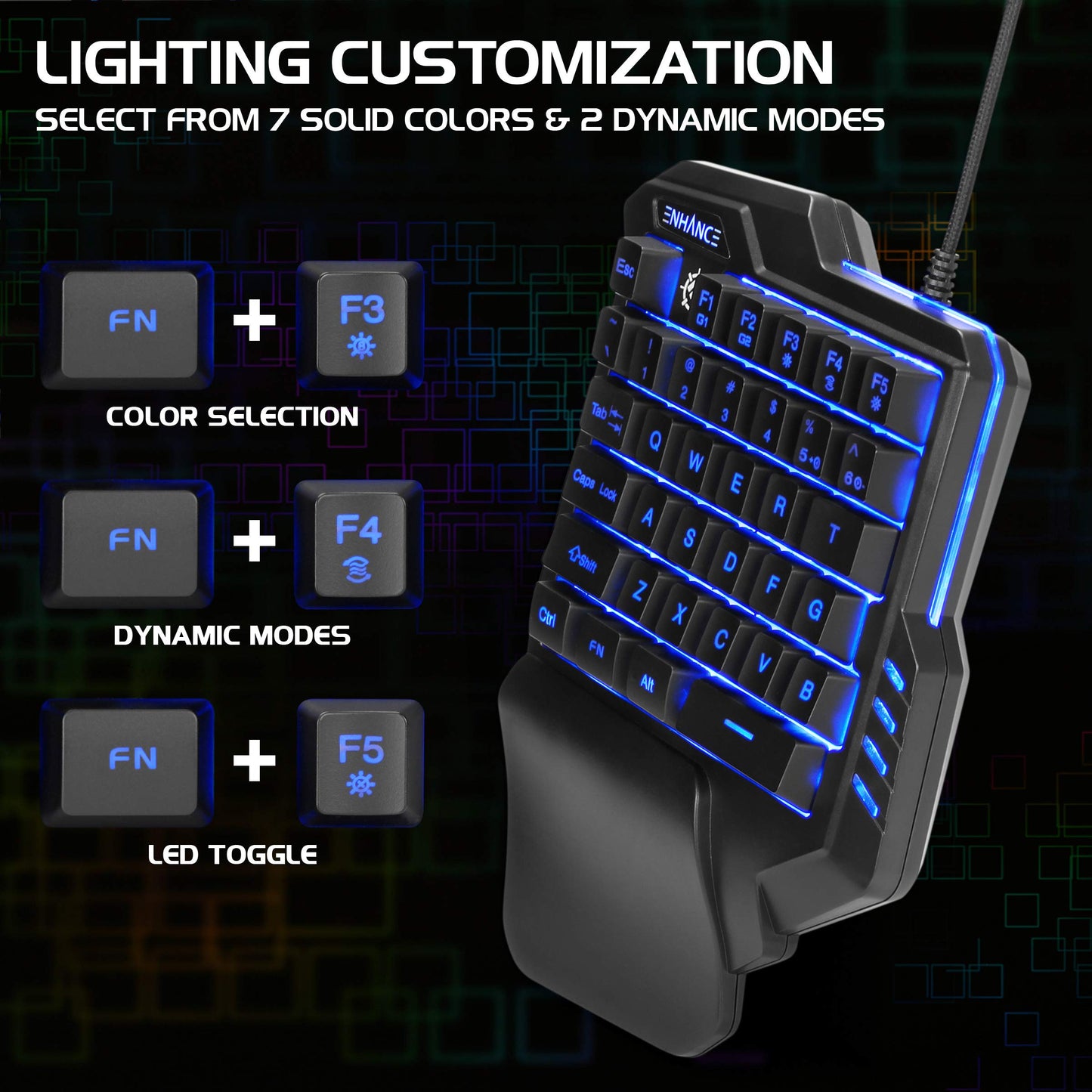 ENHANCE Gaming Keypad One Handed Gaming Keyboard Mini Keyboard - 7 Color LED Backlit, Programmable Keys, Ergonomic Wrist Pad and Braided USB Cable - Small Gaming Keyboard Great for FPS Games, Black
