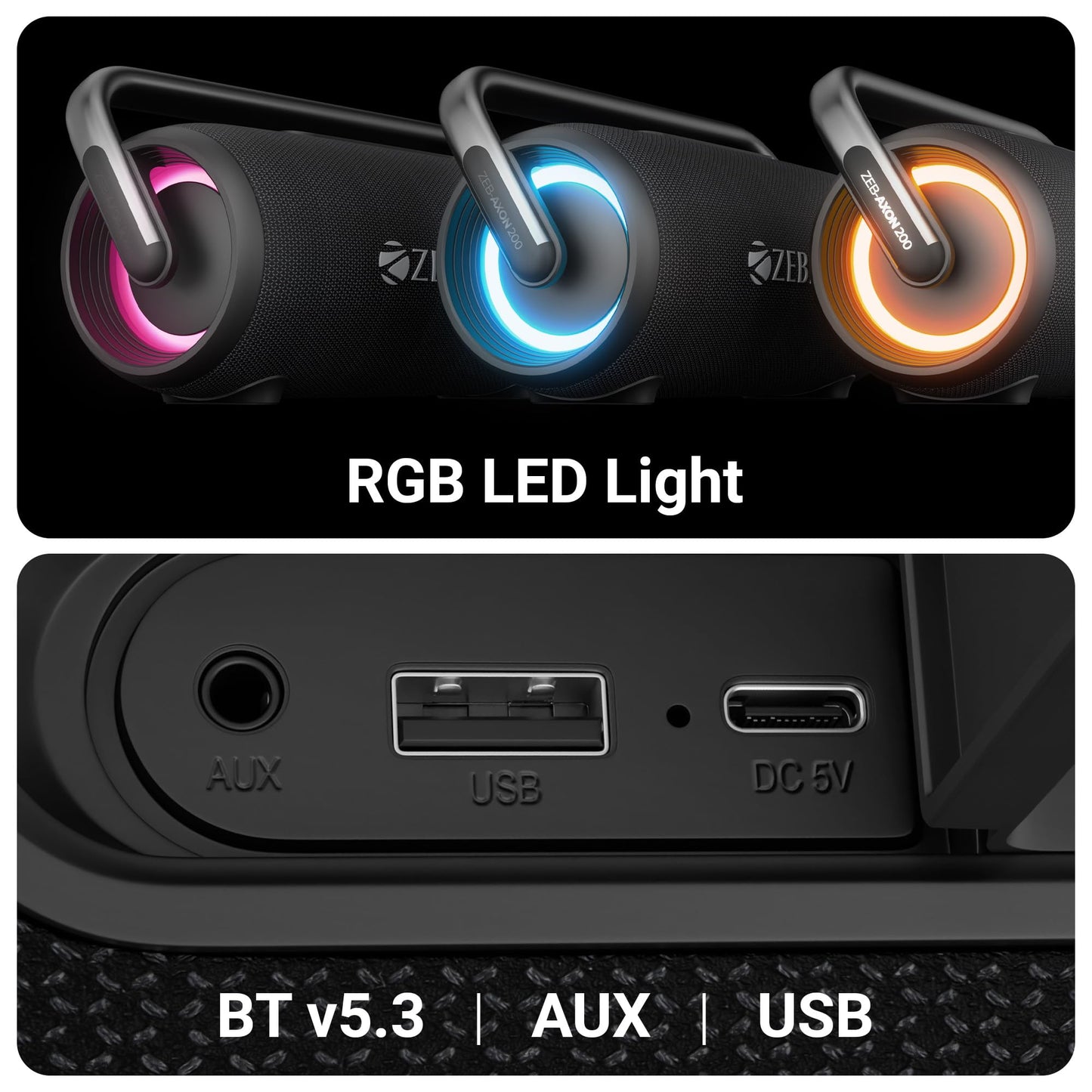 ZEBRONICS AXON 200 Portable Party Bluetooth Speaker, 180W RMS, 5 Drivers + 2 Passive Radiators, Z-Sync Mode, IPX6, Upto 10 Hours Playback, Rapid Charging, BT | USB | AUX, Fabric Finish, RGB, Deep Bass