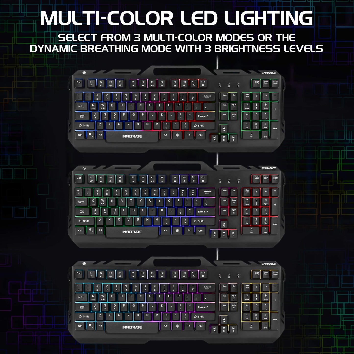 ENHANCE Infiltrate KL2 Membrane Gaming Keyboard - Quiet Keyboard with 3 Multi Color LED Lighting Modes, Turbo Input Mode, Anti-Ghosting, 19 Key Roll Over, Slim Low Profile Metal Design