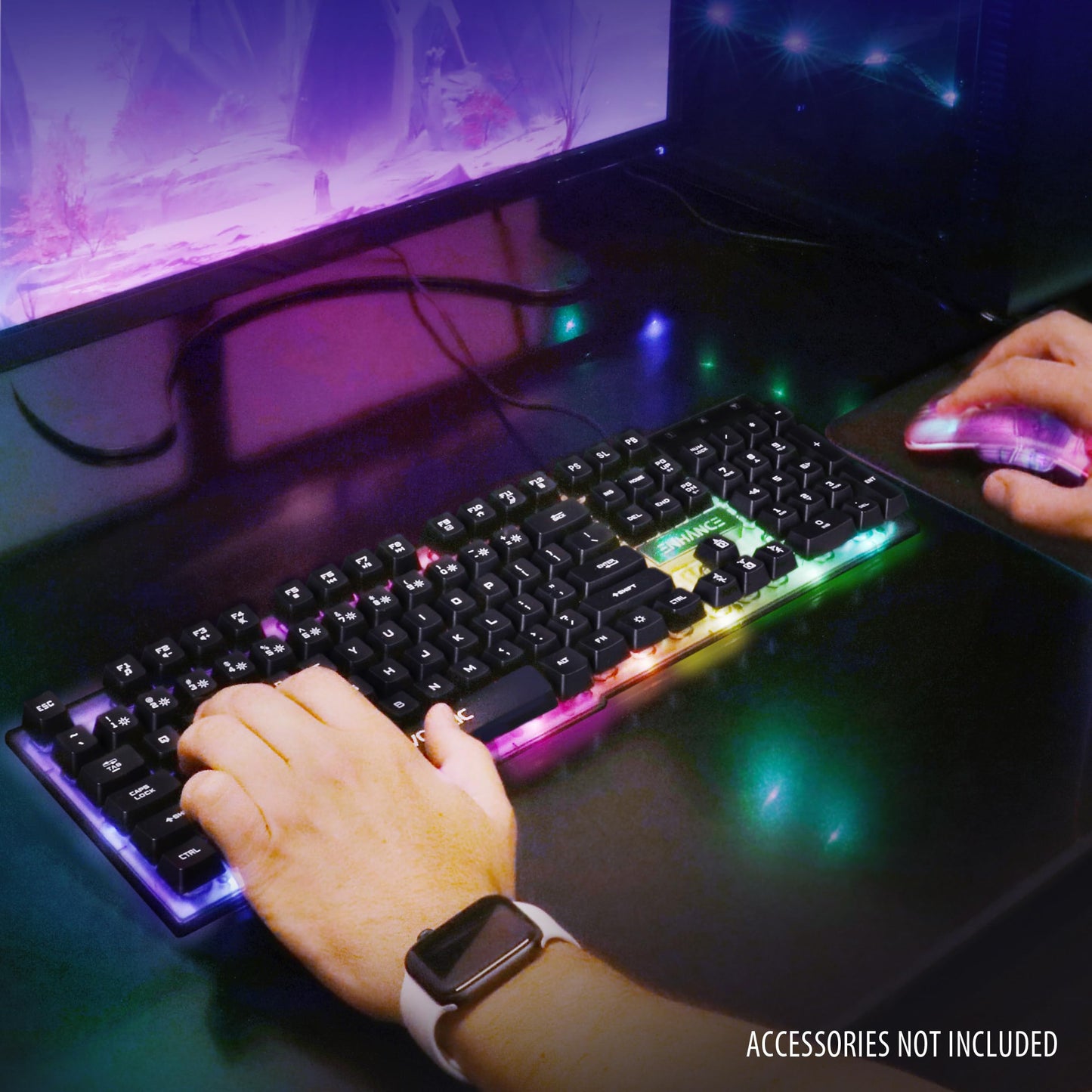 ENHANCE Voltaic 2 Gaming Keyboard - LED Backlit Membrane Keyboard with Clear Circuit Design Multimedia Keyed Mechanical Feeling Keyboard 19KRO Anti-Ghost - Ergonomic Keyboard for PC