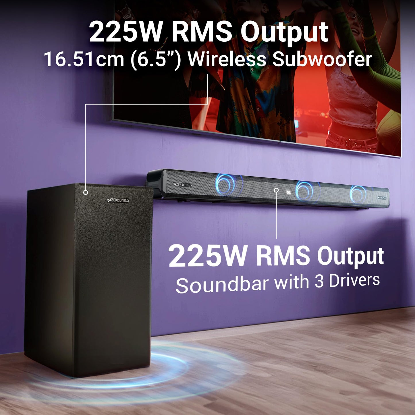 ZEBRONICS Juke BAR 9510WS PRO Dolby 5.1 Soundbar, Dolby Audio, 600 Watts, Wireless (Dual Rear Satellites & 6.5" Subwoofer), Triple Driver Soundbar, Bluetooth v5.1 | HDMI (ARC) | Optical | USB | AUX