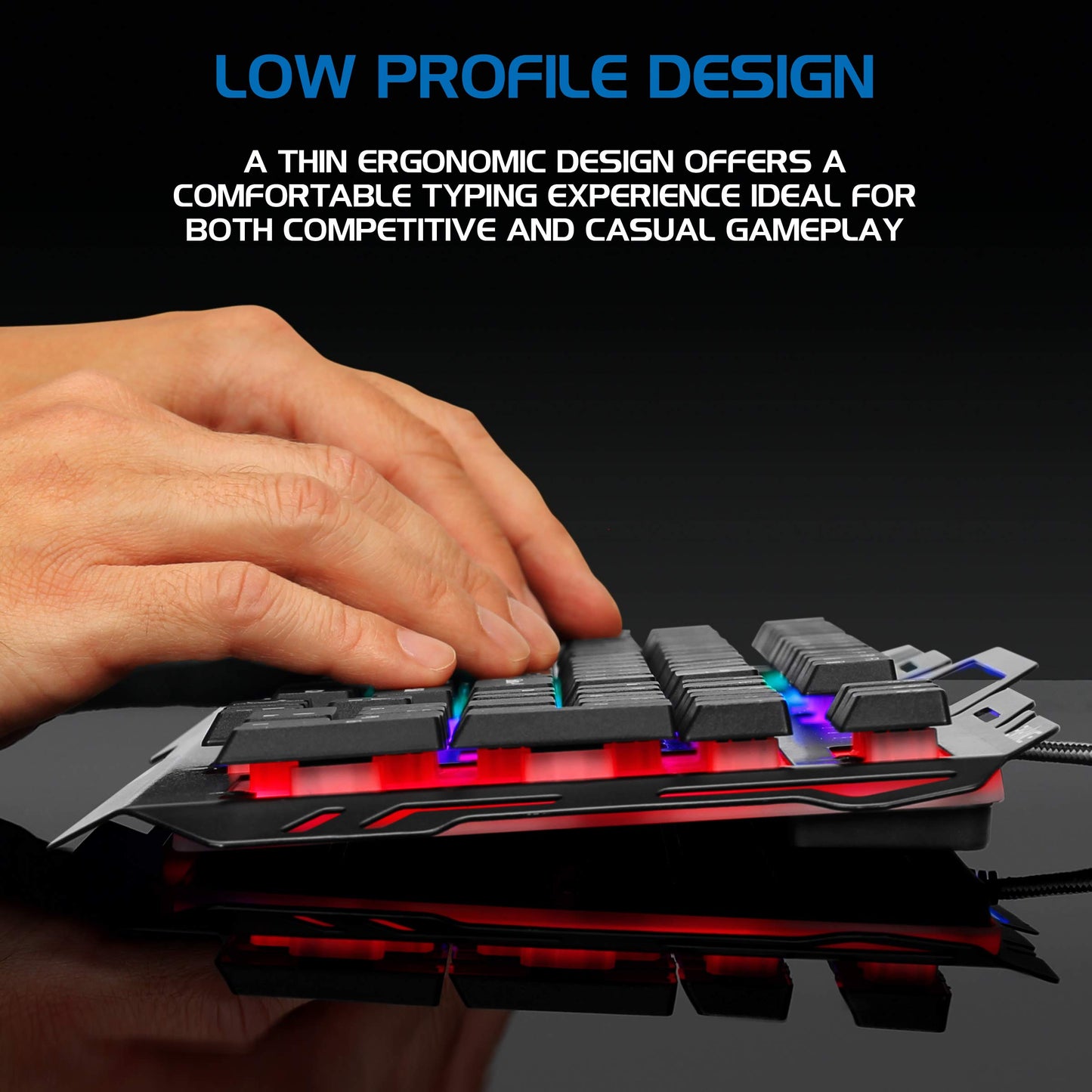 ENHANCE Infiltrate KL2 Membrane Gaming Keyboard - Quiet Keyboard with 3 Multi Color LED Lighting Modes, Turbo Input Mode, Anti-Ghosting, 19 Key Roll Over, Slim Low Profile Metal Design