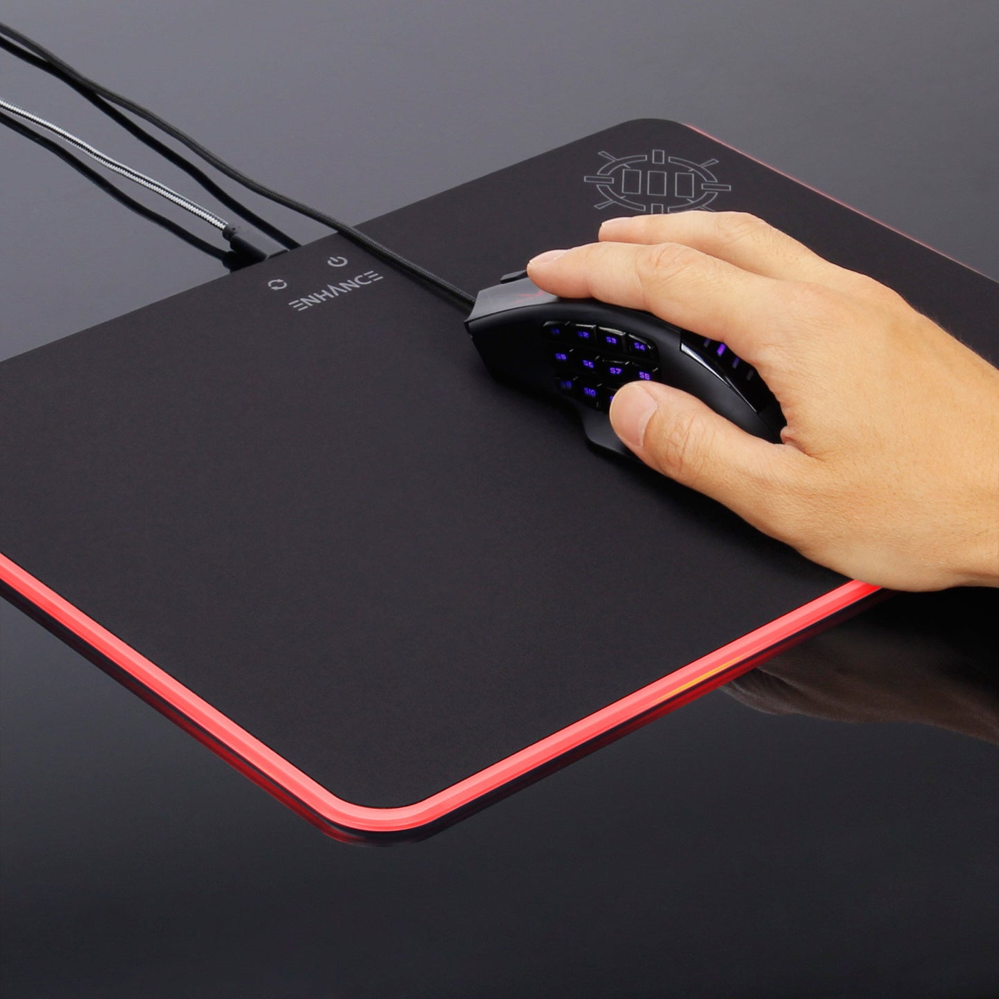 ENHANCE Large LED Gaming Mouse Pad with Soft Fabric Surface - Hard Mouse Mat with 7 RGB Colors & 2 Lighting Effects , Brightness Controls , & Precision Tracking for Esports - Black Fabric