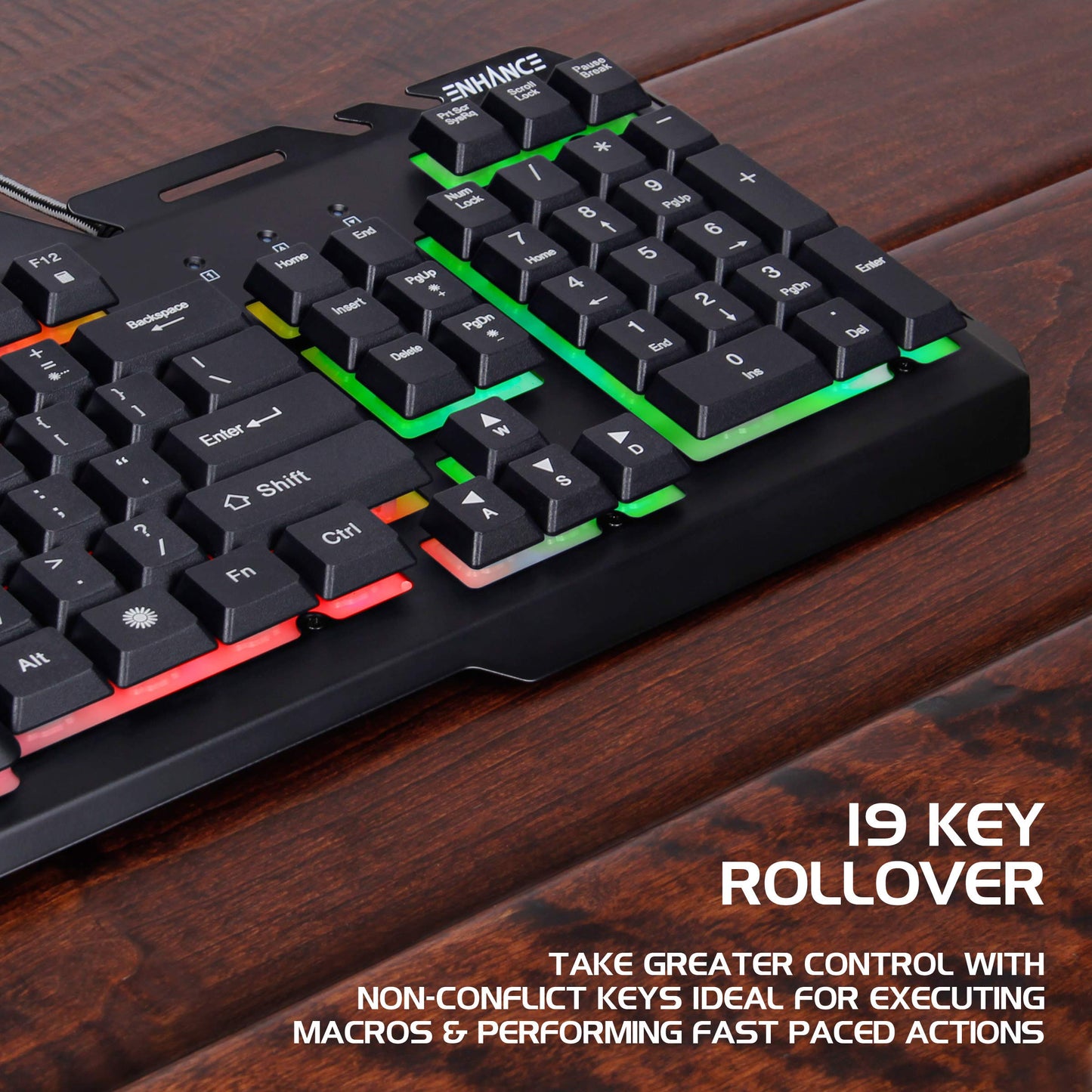 ENHANCE Infiltrate KL2 Membrane Gaming Keyboard - Quiet Keyboard with 3 Multi Color LED Lighting Modes, Turbo Input Mode, Anti-Ghosting, 19 Key Roll Over, Slim Low Profile Metal Design
