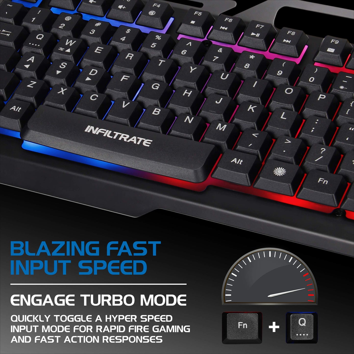 ENHANCE Infiltrate KL2 Membrane Gaming Keyboard - Quiet Keyboard with 3 Multi Color LED Lighting Modes, Turbo Input Mode, Anti-Ghosting, 19 Key Roll Over, Slim Low Profile Metal Design