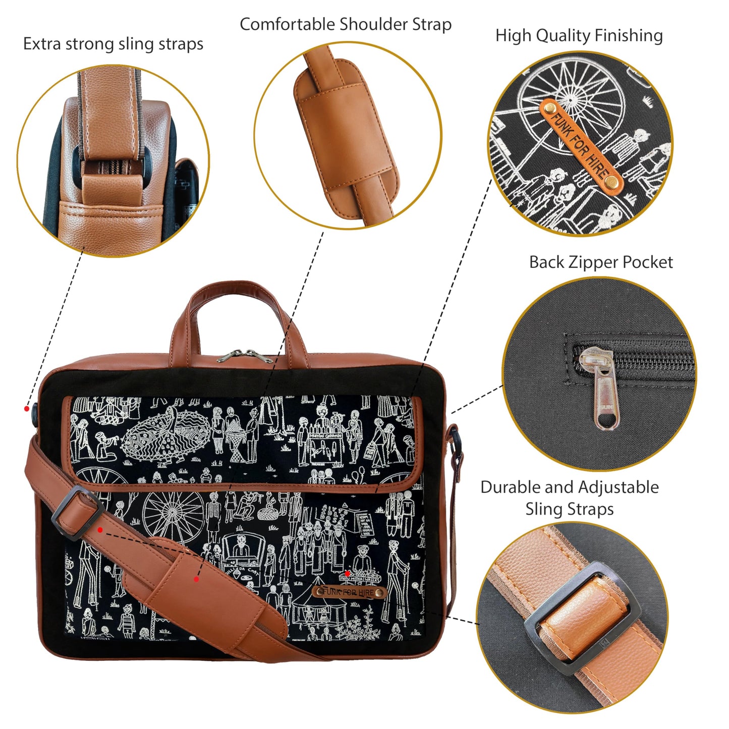 Funk For Hire Mela Printed One Pocket Cotton Canvas Unisex 15.6 inch Laptop Bag Black