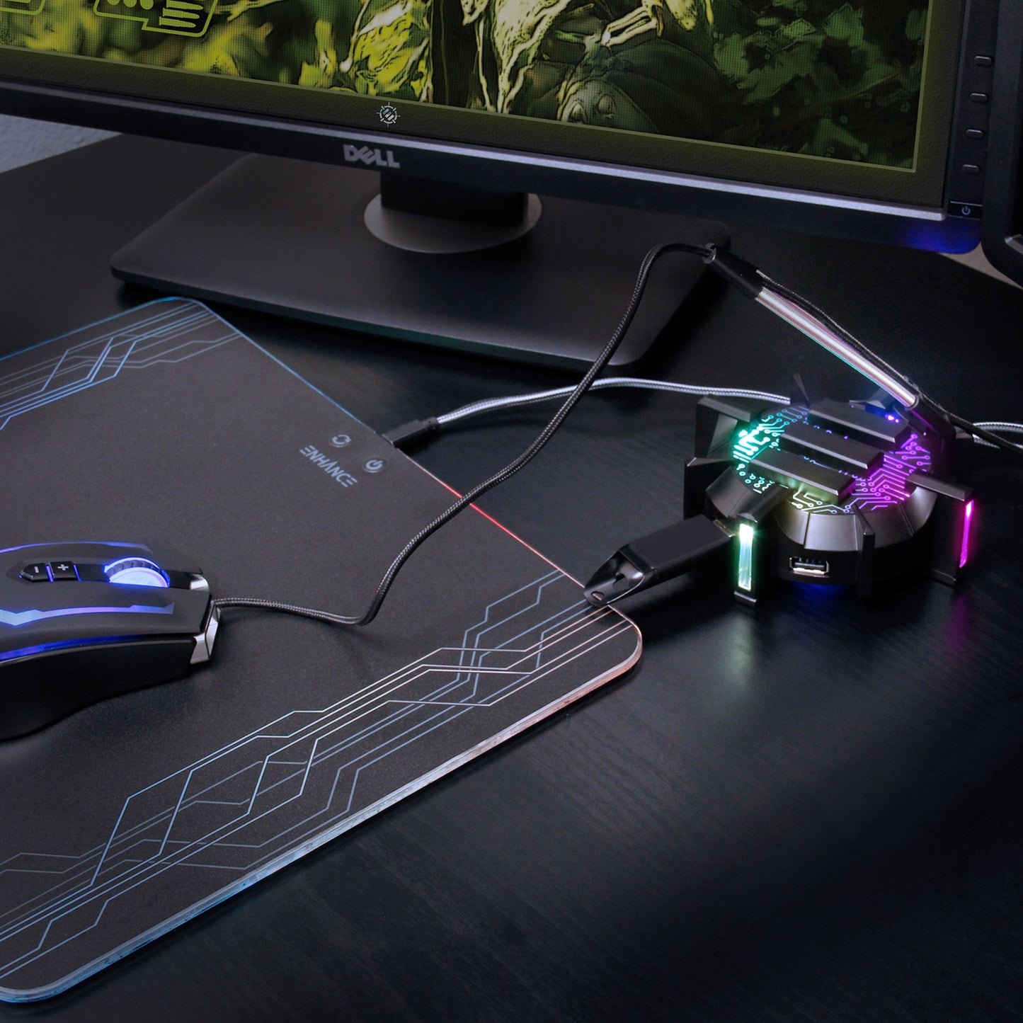 Pro Gaming Mouse Bungee Cable Holder 4 Port USB Hub with 7 LED Modes - Cable Management Support - Improved Accuracy & Weighted Design for Competitive eSports Games - Essential Gaming Gear