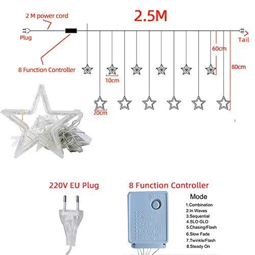 Desidiya® 12 Stars LED Diwali Lights Curtain String Lights Window Curtain Led Lights for Decoration with 8 Flashing for Christmas, Wedding, Party, Home, Patio Lawn (Warm White)