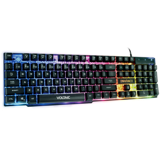 ENHANCE Voltaic 2 Gaming Keyboard - LED Backlit Membrane Keyboard with Clear Circuit Design Multimedia Keyed Mechanical Feeling Keyboard 19KRO Anti-Ghost - Ergonomic Keyboard for PC