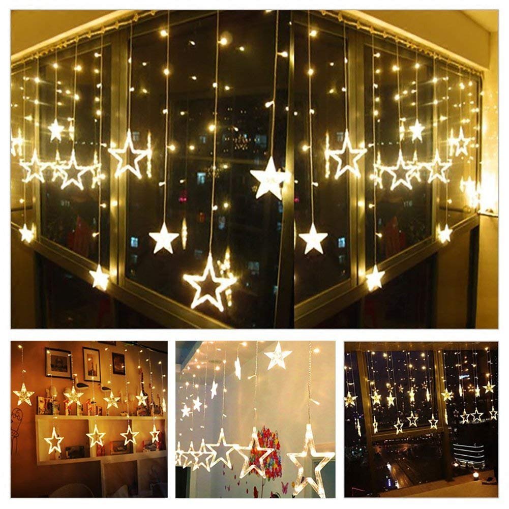 Desidiya® 12 Stars LED Diwali Lights Curtain String Lights Window Curtain Led Lights for Decoration with 8 Flashing for Christmas, Wedding, Party, Home, Patio Lawn (Warm White)