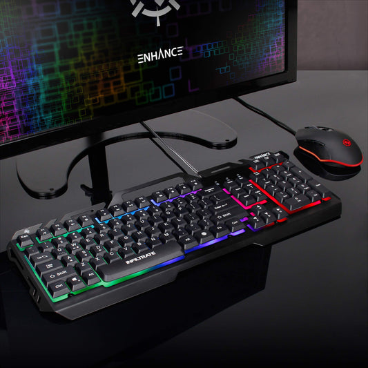 ENHANCE Infiltrate KL2 Membrane Gaming Keyboard - Quiet Keyboard with 3 Multi Color LED Lighting Modes, Turbo Input Mode, Anti-Ghosting, 19 Key Roll Over, Slim Low Profile Metal Design