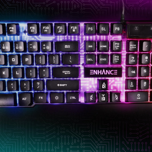 ENHANCE Voltaic 2 Gaming Keyboard - LED Backlit Membrane Keyboard with Clear Circuit Design Multimedia Keyed Mechanical Feeling Keyboard 19KRO Anti-Ghost - Ergonomic Keyboard for PC